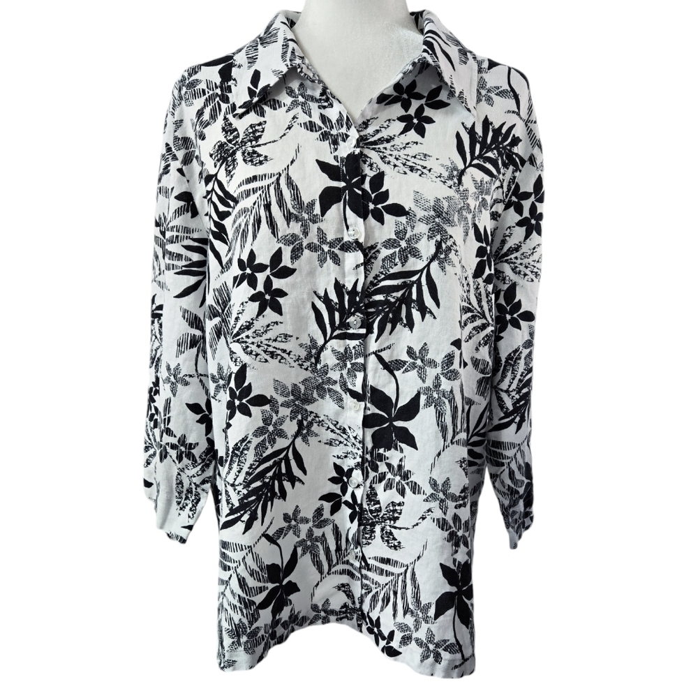 JM Collection 100% Linen White Black Floral Button-Up Shirt Beachy Vacation